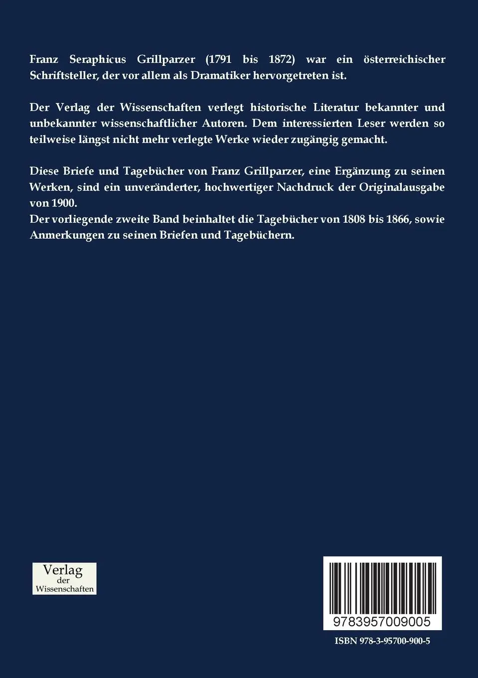 Rückseite: 9783957009005 | Grillparzer´s Briefe und Tagebücher | Zweiter Band: Tagebücher | Buch