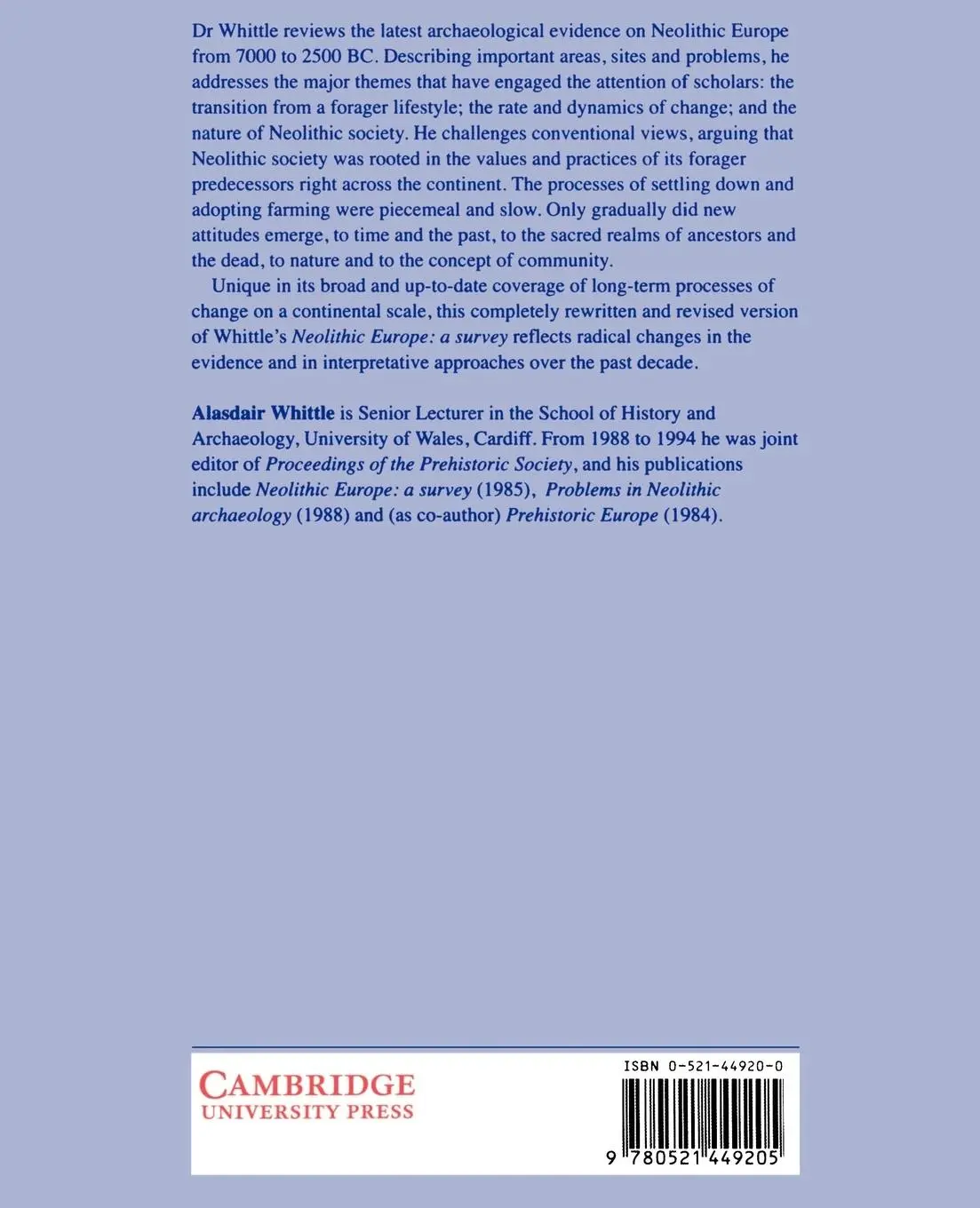 Rückseite: 9780521449205 | Europe in the Neolithic | The Creation of New Worlds | Whittle | Buch