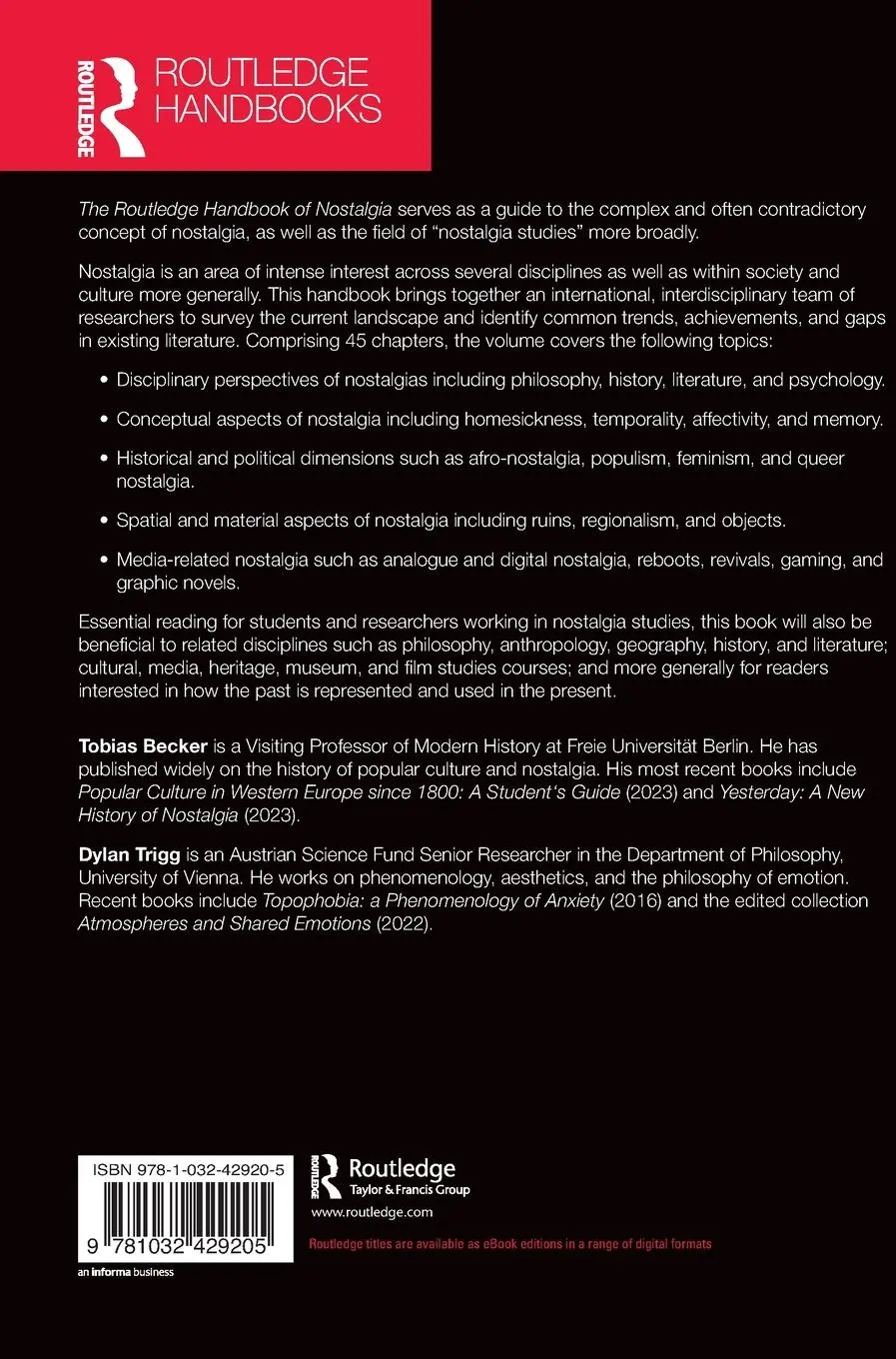 Rückseite: 9781032429205 | The Routledge Handbook of Nostalgia | Tobias Becker (u. a.) | Buch