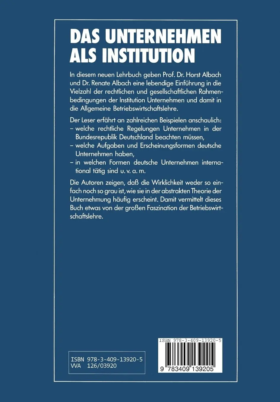 Rückseite: 9783409139205 | Das Unternehmen als Institution | Renate Albach | Taschenbuch | xvi