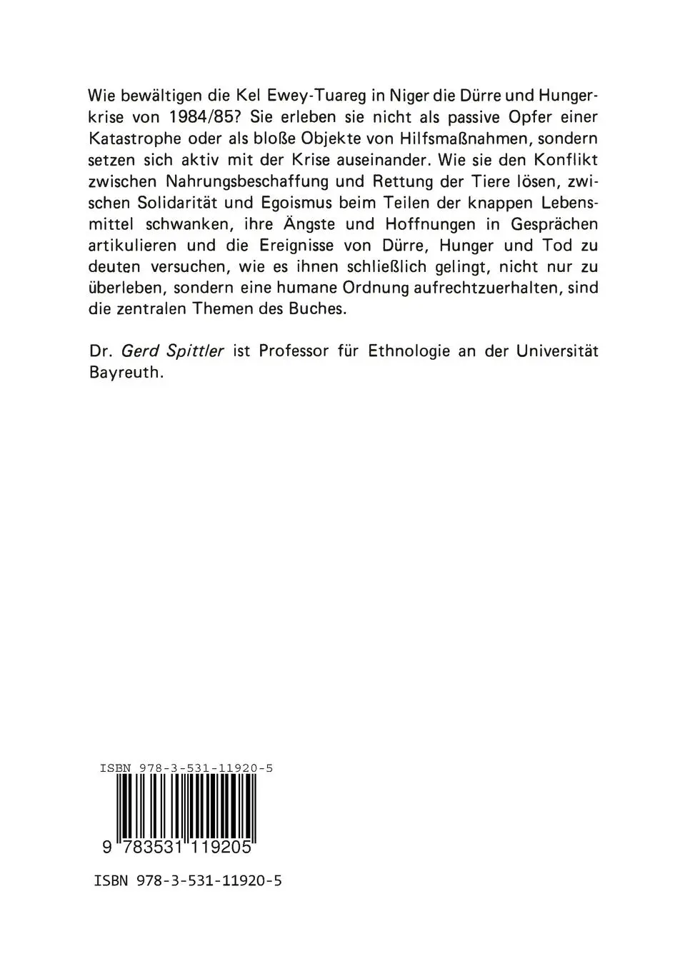 Rückseite: 9783531119205 | Handeln in einer Hungerkrise | Gerd Spittler | Taschenbuch | 225 S.