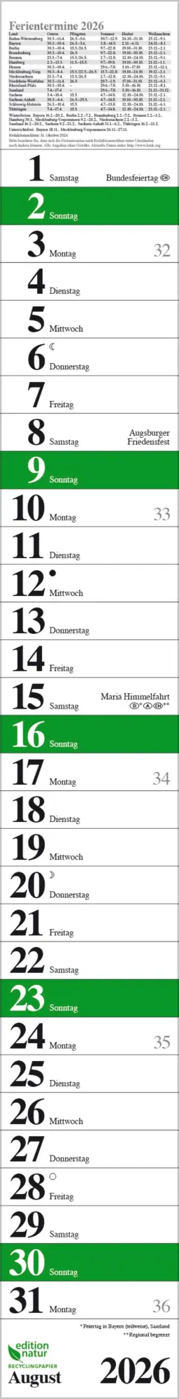 Bild: 9783731889205 | Streifenplaner Praktika Grün Recyclingpapier 2026 | Verlag Korsch