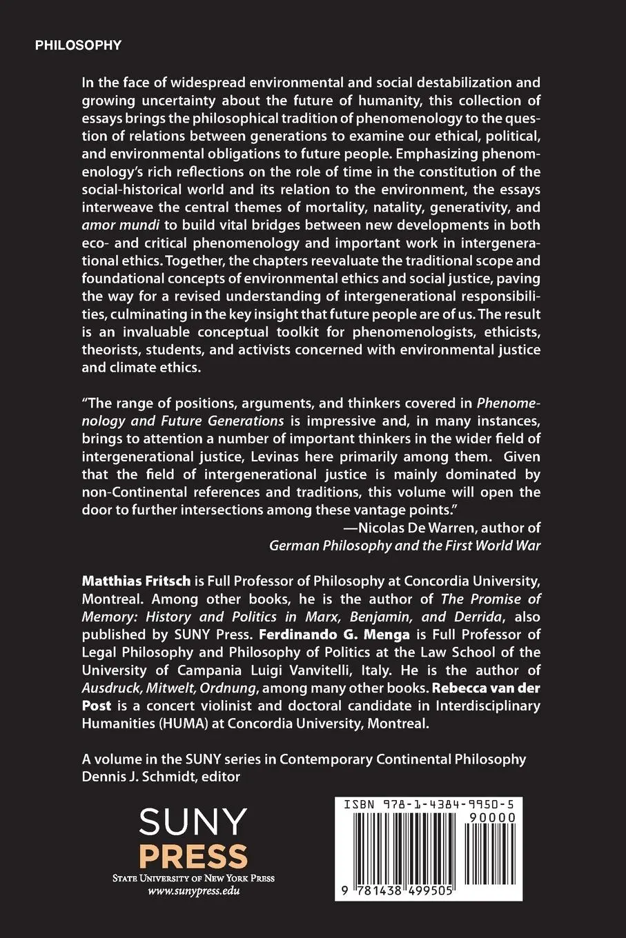 Rückseite: 9781438499505 | Phenomenology and Future Generations | Matthias Fritsch (u. a.) | Buch