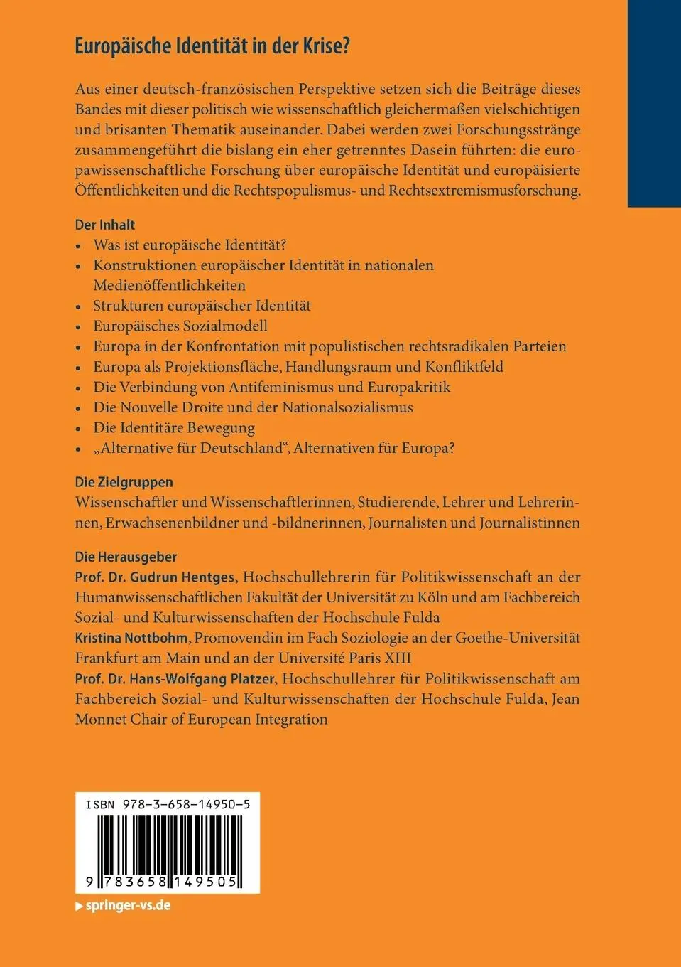 Rückseite: 9783658149505 | Europäische Identität in der Krise? | Gudrun Hentges (u. a.) | Buch