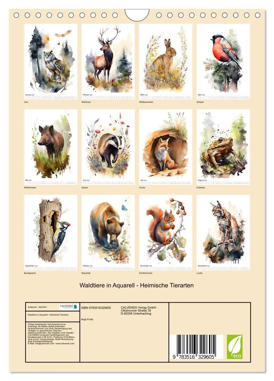 Bild: 9783516329605 | Waldtiere in Aquarell - Heimische Tierarten (Wandkalender 2026 DIN...