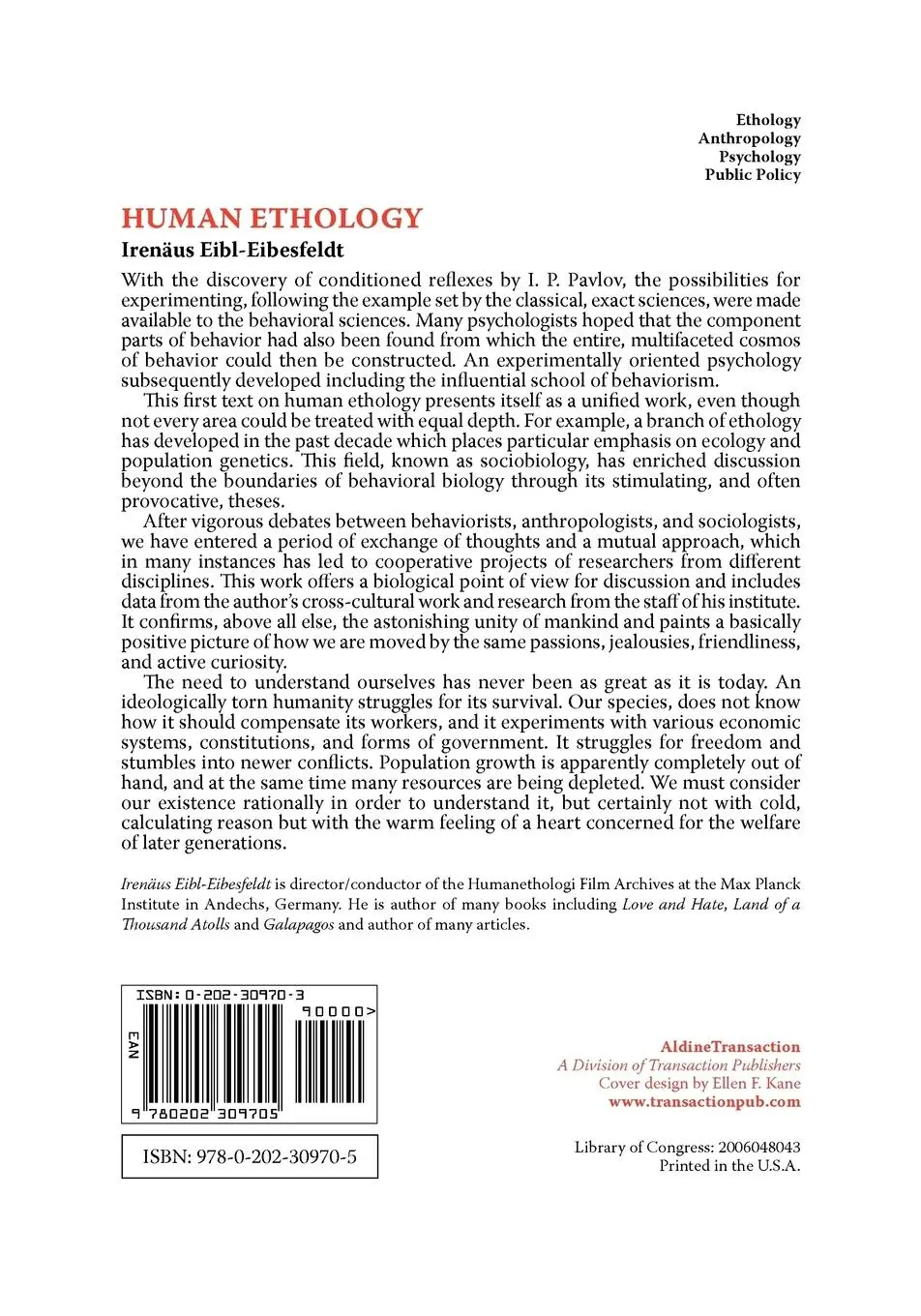 Rückseite: 9780202309705 | Human Ethology | Irenaus Eibl-Eibesfeldt | Taschenbuch | Englisch