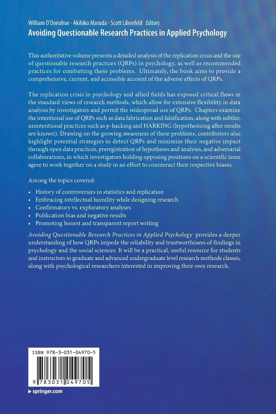 Rückseite: 9783031049705 | Avoiding Questionable Research Practices in Applied Psychology | Buch