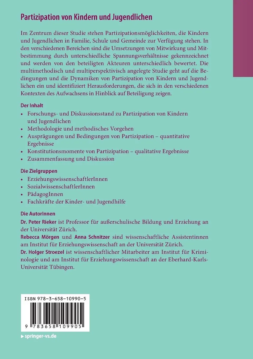 Rückseite: 9783658109905 | Partizipation von Kindern und Jugendlichen | Peter Rieker (u. a.) | x