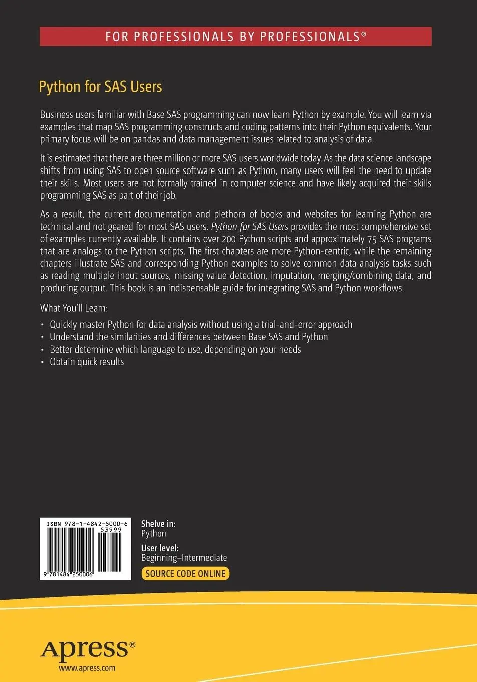 Rückseite: 9781484250006 | Python for SAS Users | A SAS-Oriented Introduction to Python | Buch