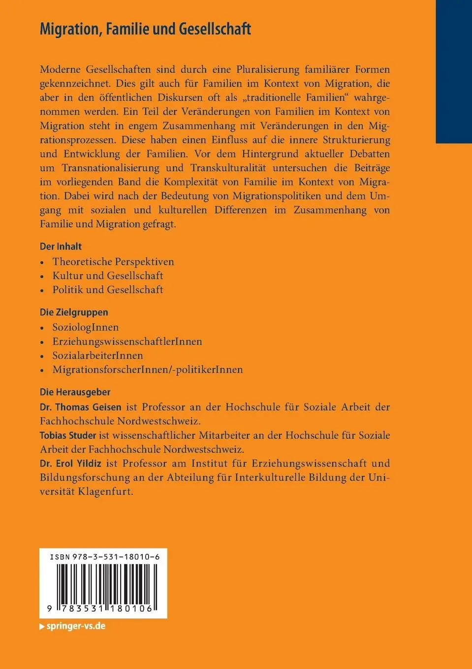 Rückseite: 9783531180106 | Migration, Familie und Gesellschaft | Thomas Geisen (u. a.) | Buch