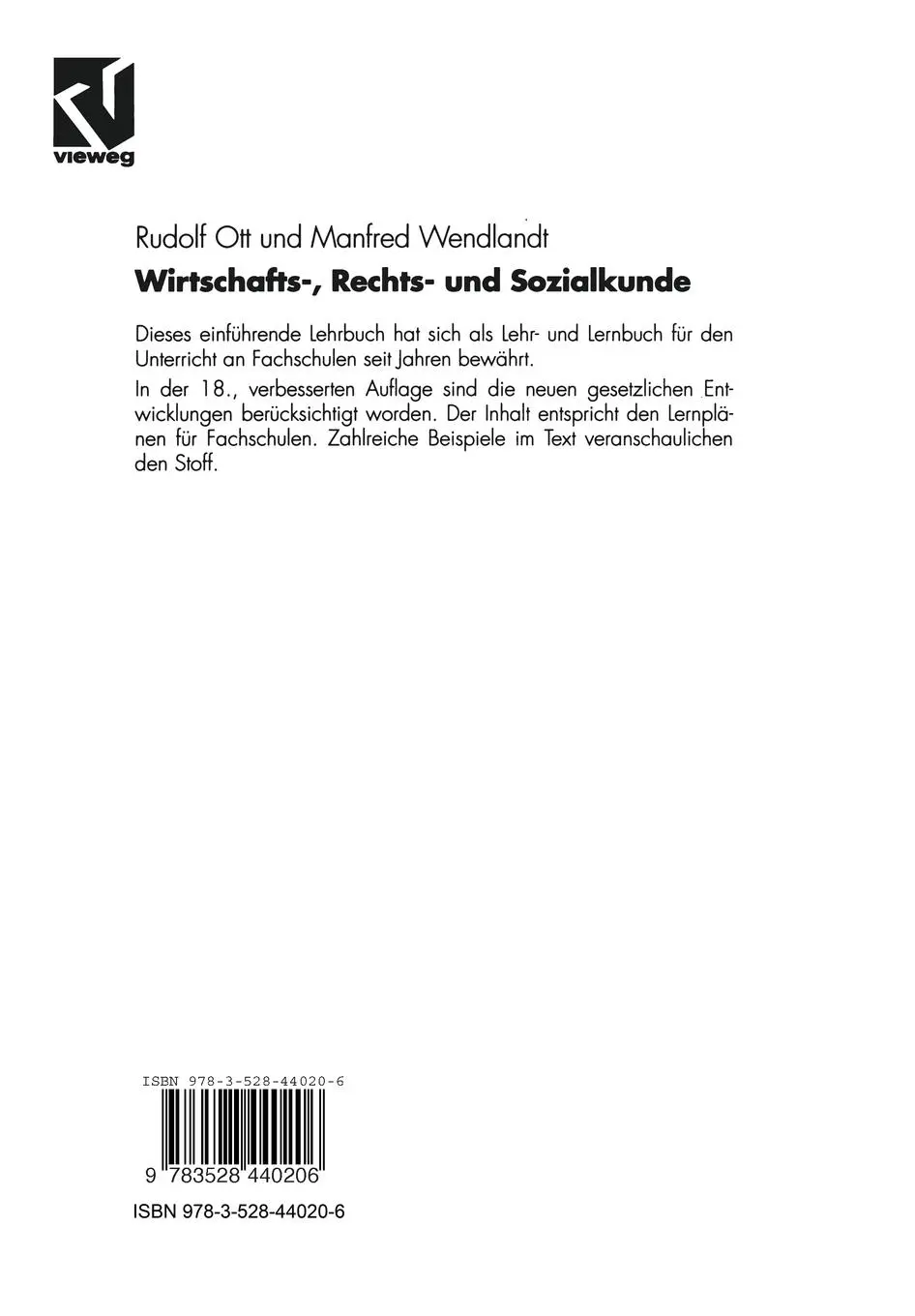 Rückseite: 9783528440206 | Wirtschafts-, Rechts- und Sozialkunde | Rudolf Ott (u. a.) | Buch | x