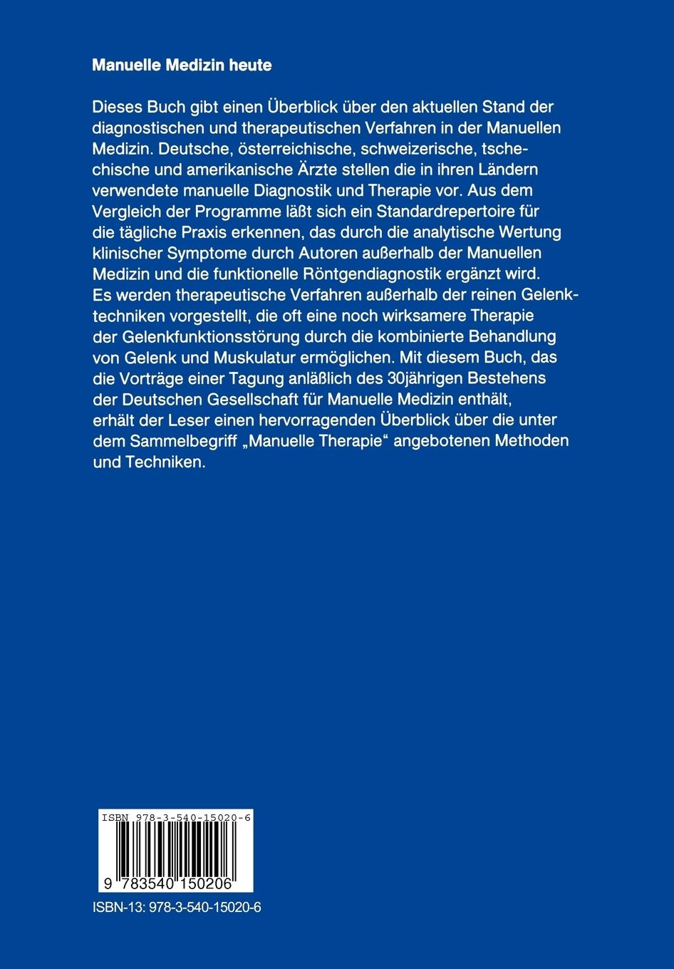 Rückseite: 9783540150206 | Manuelle Medizin heute | Methoden und Erfahrungen - eine Bilanz | Buch
