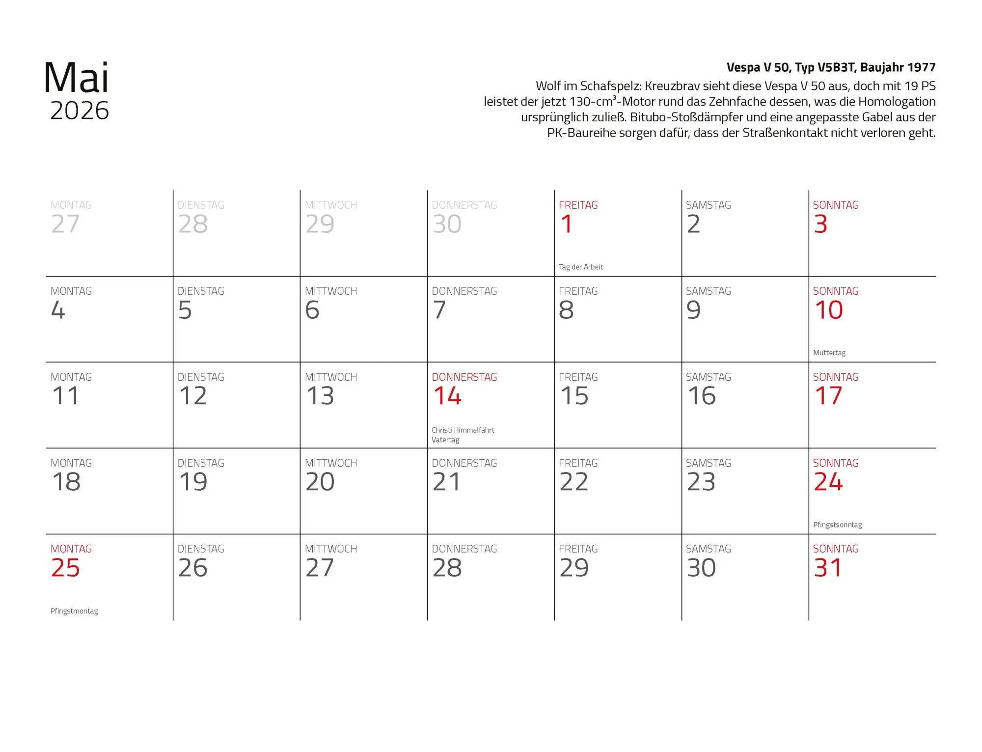 Bild: 9783690190206 | Kalender Vespa 2026 Eintragkalender | Kult-Roller Italien Wandkalender