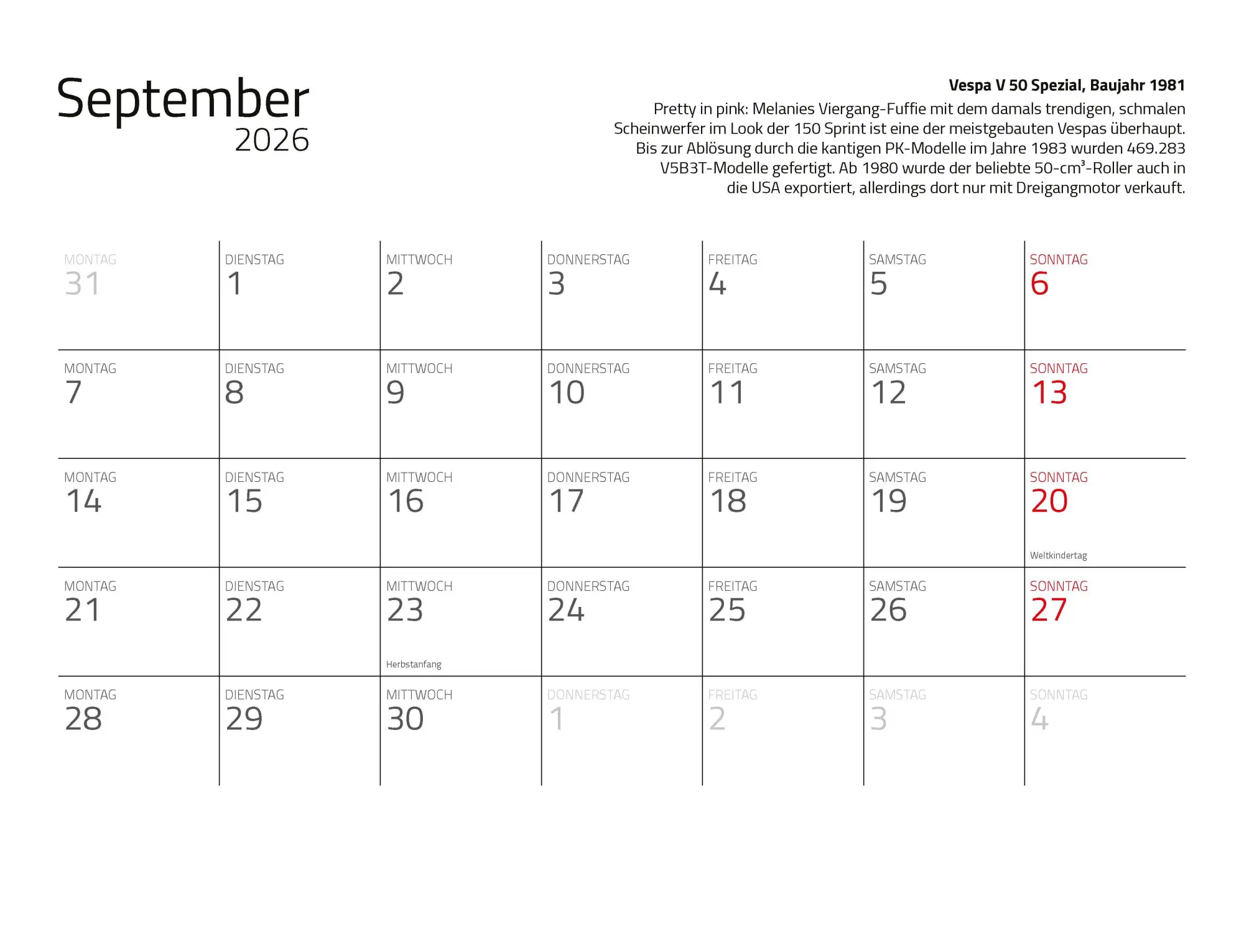 Bild: 9783690190206 | Kalender Vespa 2026 Eintragkalender | Kult-Roller Italien Wandkalender