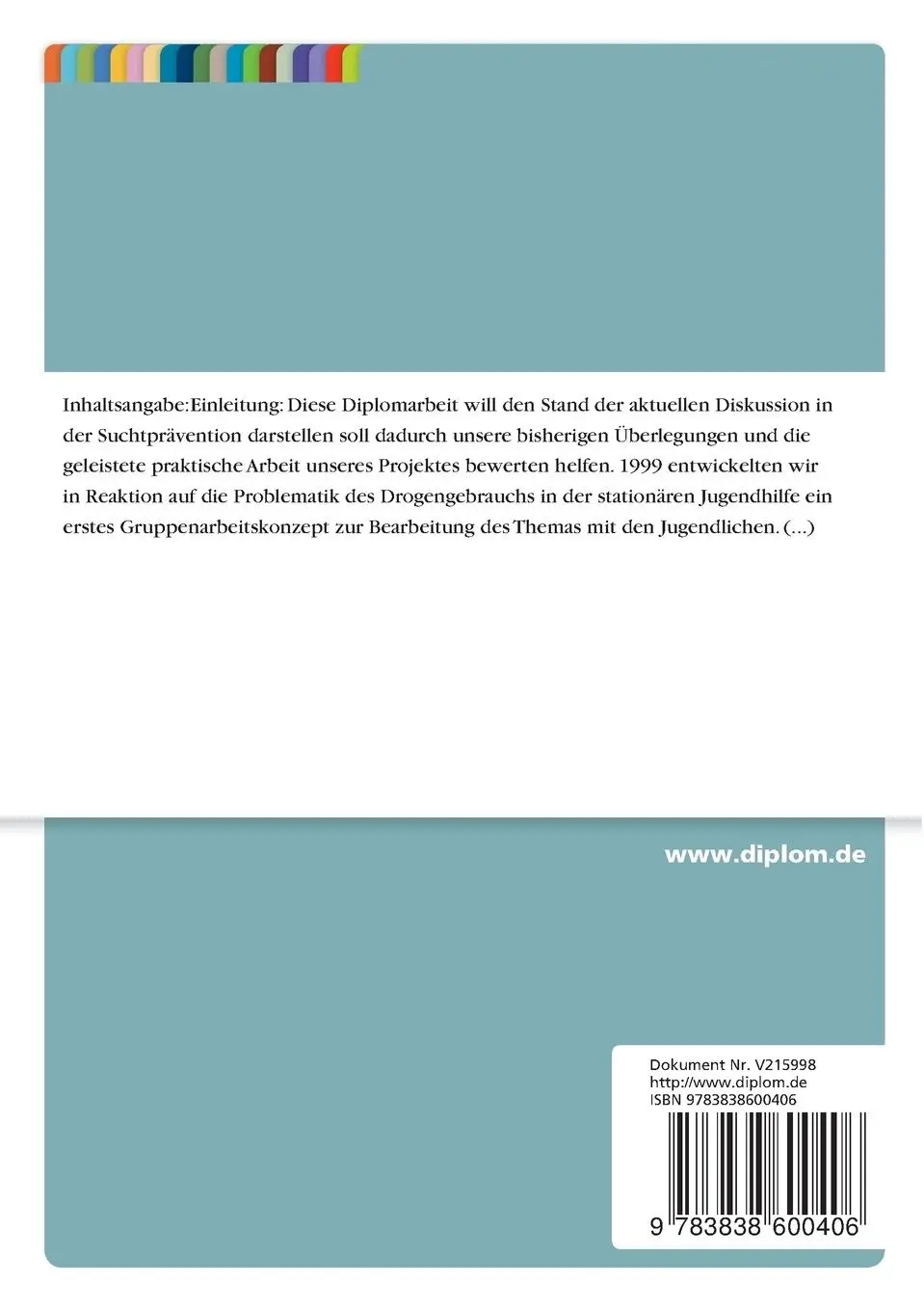 Rückseite: 9783838600406 | Konzeptentwicklung in der Suchtprävention | Heiko Streuff (u. a.)