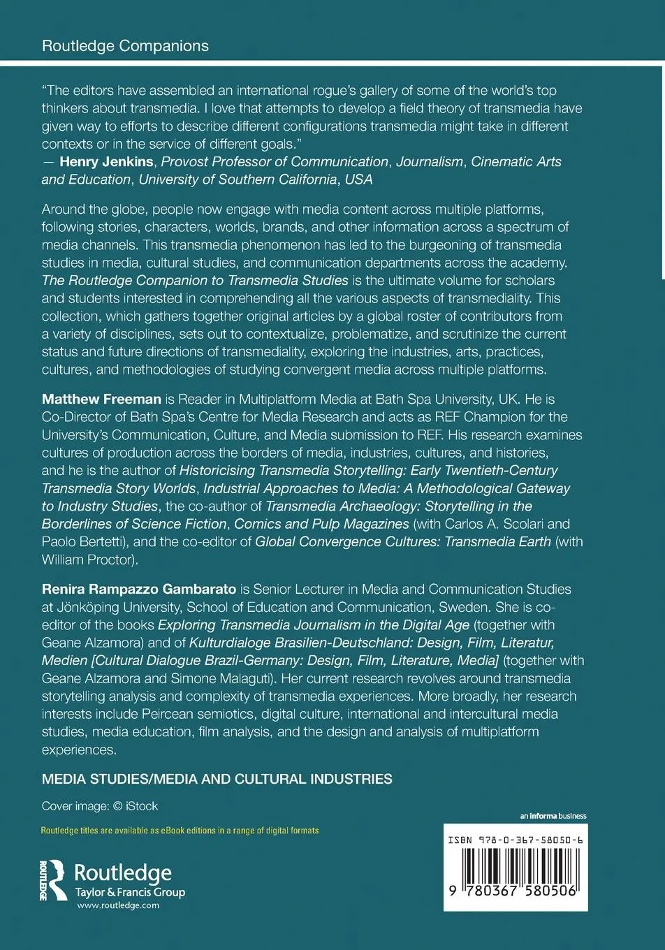 Rückseite: 9780367580506 | The Routledge Companion to Transmedia Studies | Freeman (u. a.) | Buch