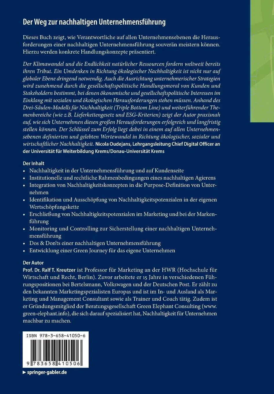 Rückseite: 9783658410506 | Der Weg zur nachhaltigen Unternehmensführung | Ralf T. Kreutzer | Buch