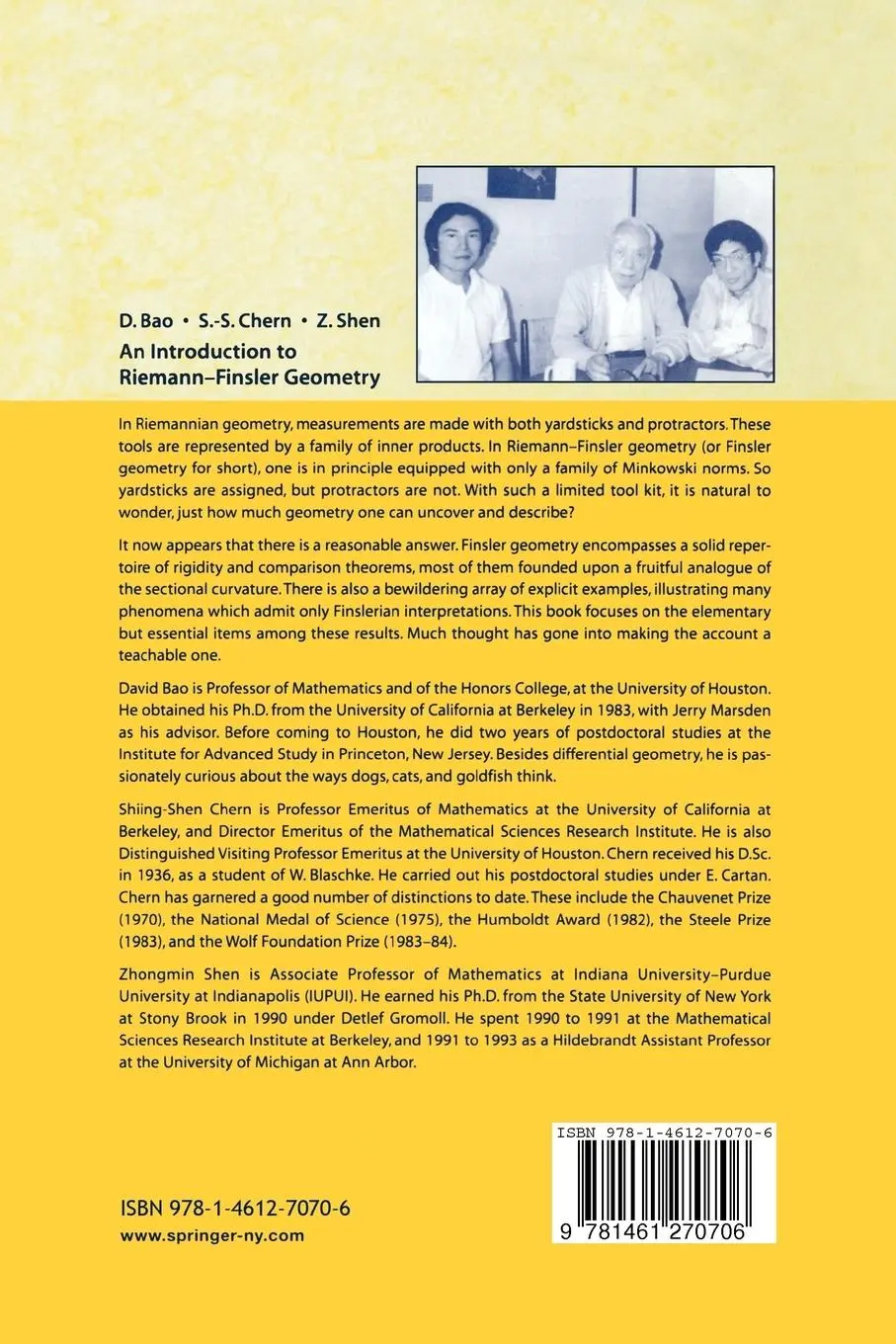 Rückseite: 9781461270706 | An Introduction to Riemann-Finsler Geometry | D. Bao (u. a.) | Buch