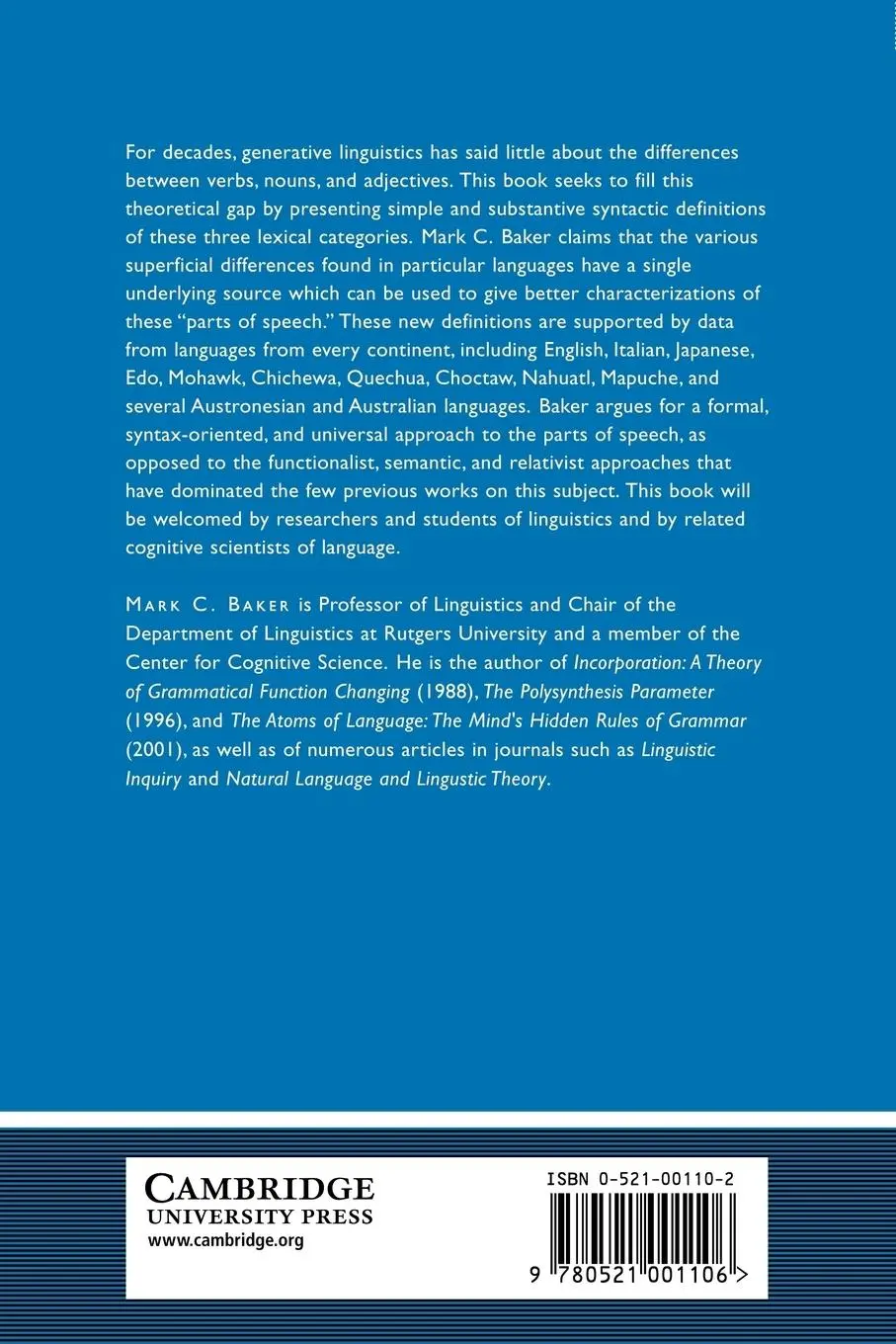 Rückseite: 9780521001106 | Lexical Categories | Verbs, Nouns and Adjectives | Mark C. Baker