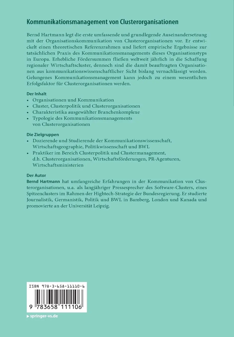 Rückseite: 9783658111106 | Kommunikationsmanagement von Clusterorganisationen | Bernd Hartmann