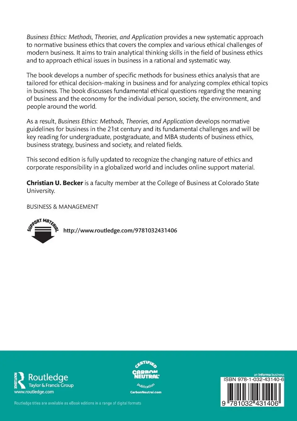 Rückseite: 9781032431406 | Business Ethics | Methods, Theories, and Application | Becker | Buch