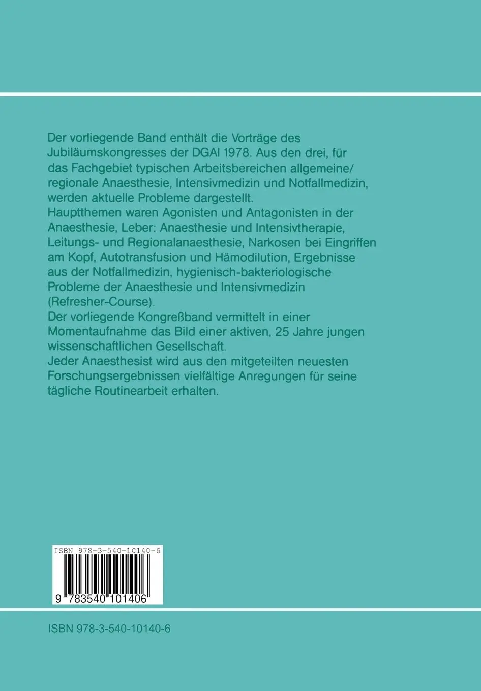 Rückseite: 9783540101406 | 25 Jahre DGAI | Jahrestagung in Würzburg, 12. - 14. Oktober 1978