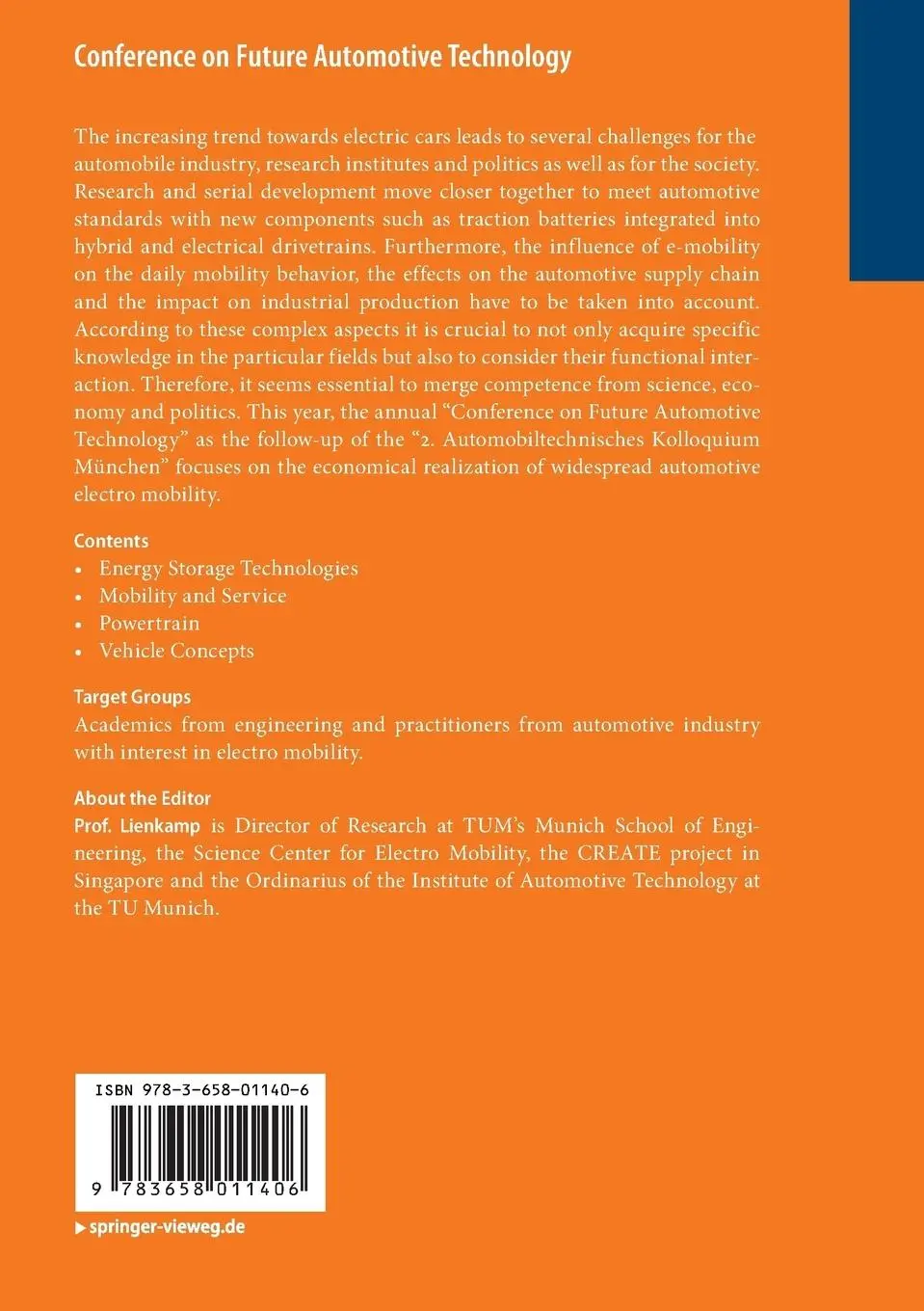 Rückseite: 9783658011406 | Conference on Future Automotive Technology | Focus Electro Mobility