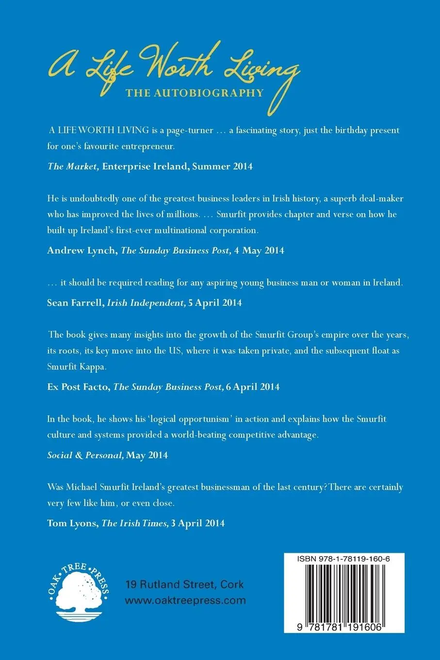 Rückseite: 9781781191606 | A Life Worth Living | The Autobiography | Michael Smurfit | Buch