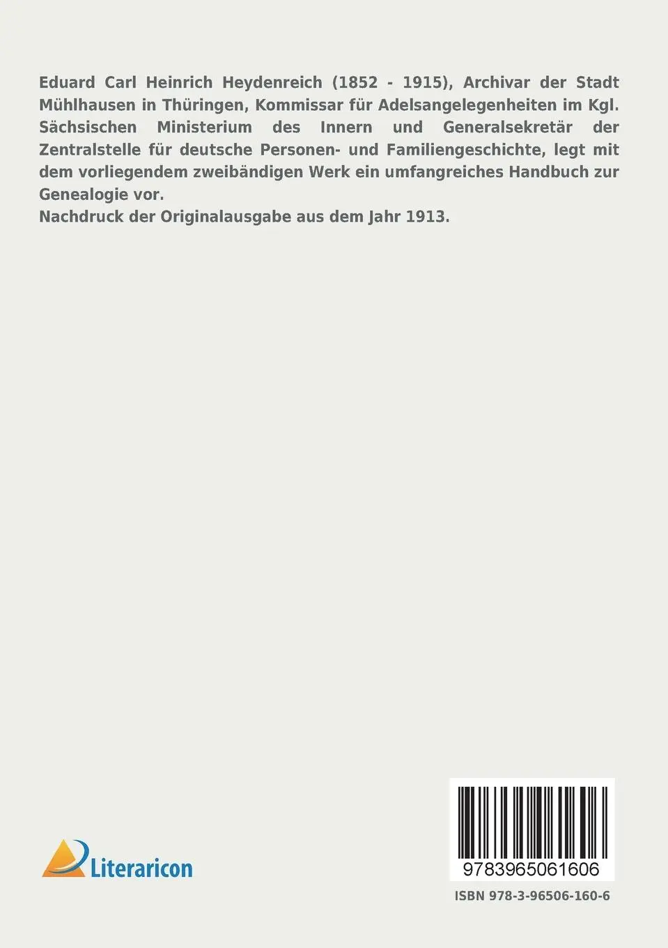 Rückseite: 9783965061606 | Handbuch der praktischen Genealogie | 1. Band | Eduard Heydenreich