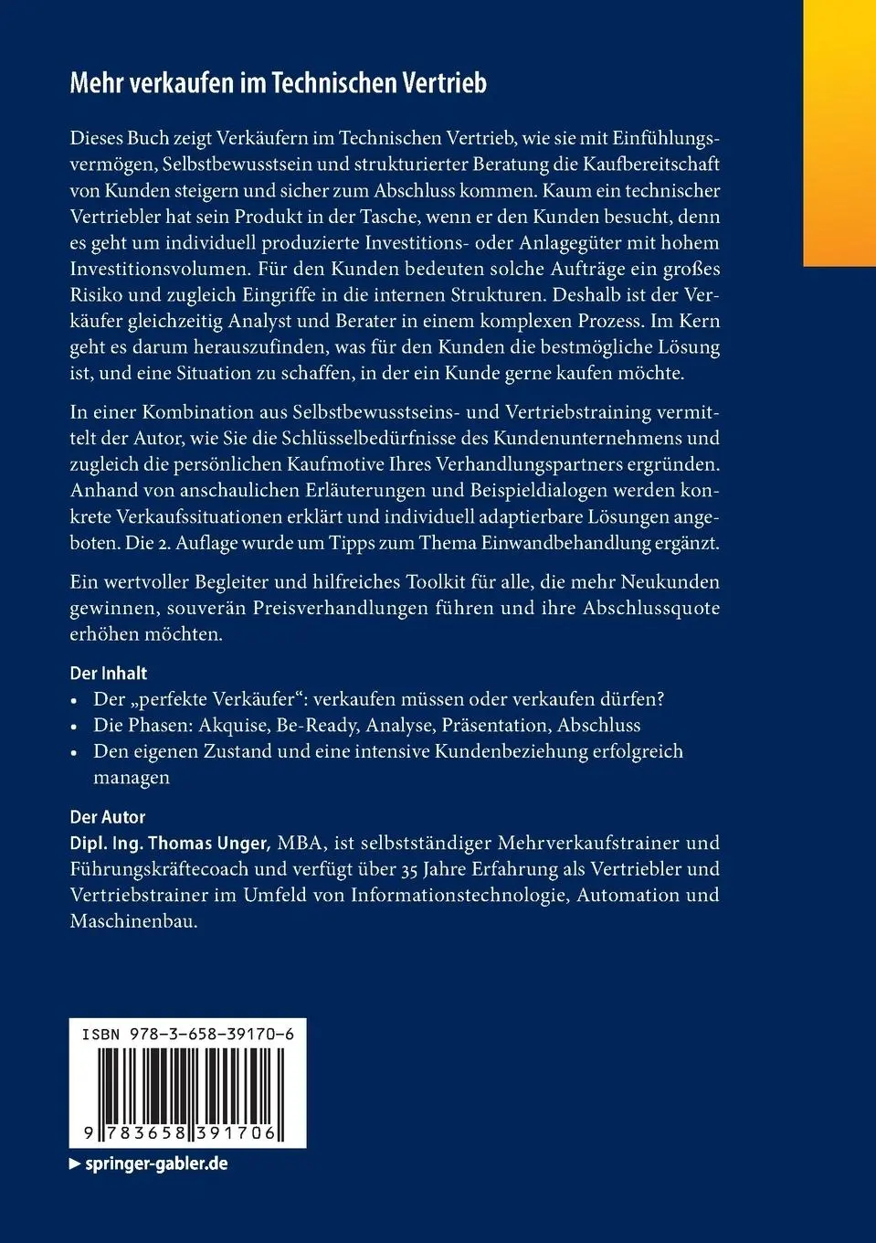 Rückseite: 9783658391706 | Mehr verkaufen im Technischen Vertrieb | Thomas Unger | Taschenbuch