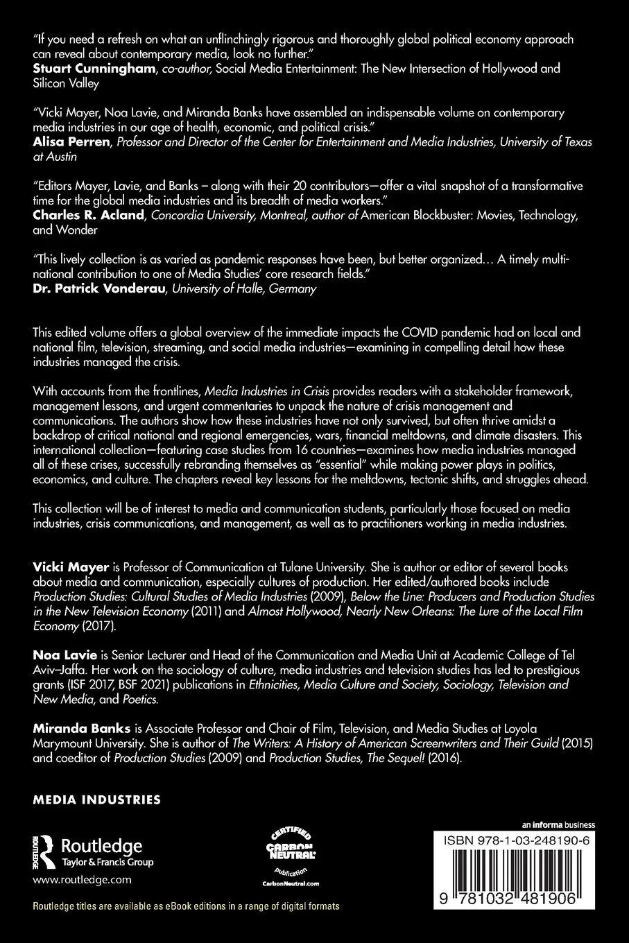 Rückseite: 9781032481906 | Media Industries in Crisis | What COVID Unmasked | Vicki Mayer (u. a.)