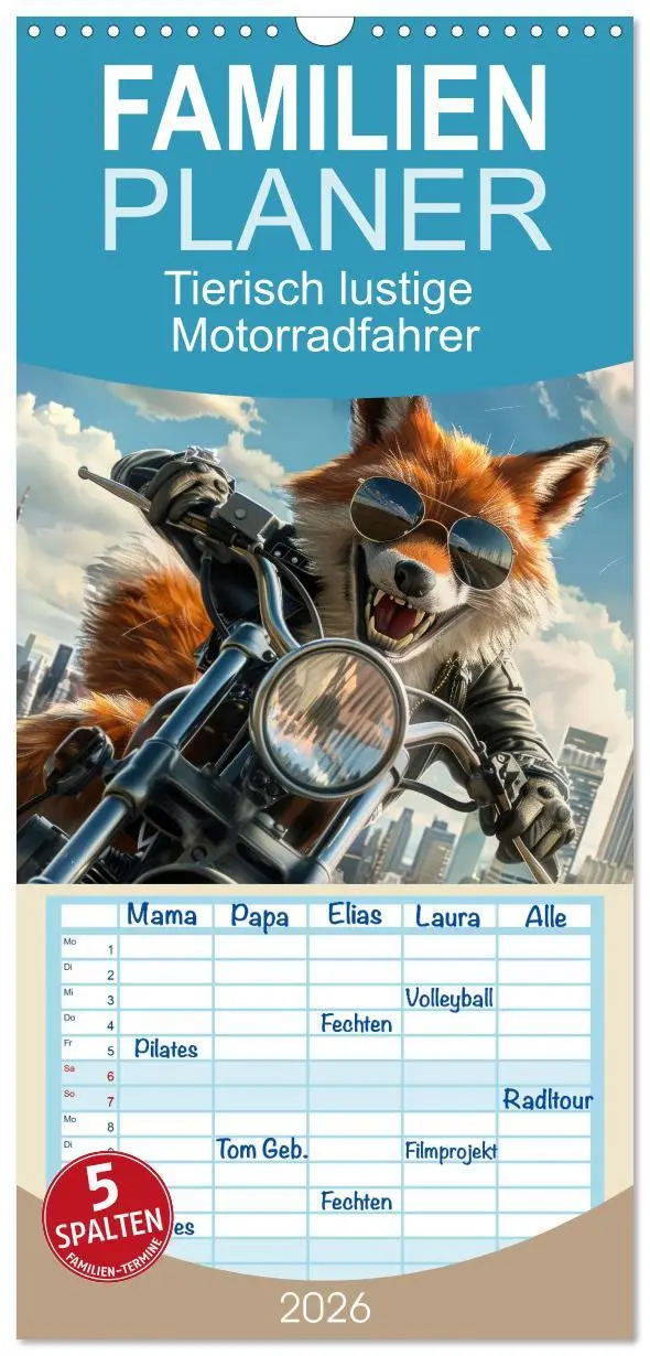 Cover: 9783516491906 | Familienplaner 2026 - Tierisch lustige Motorradfahrer mit 5 Spalten...