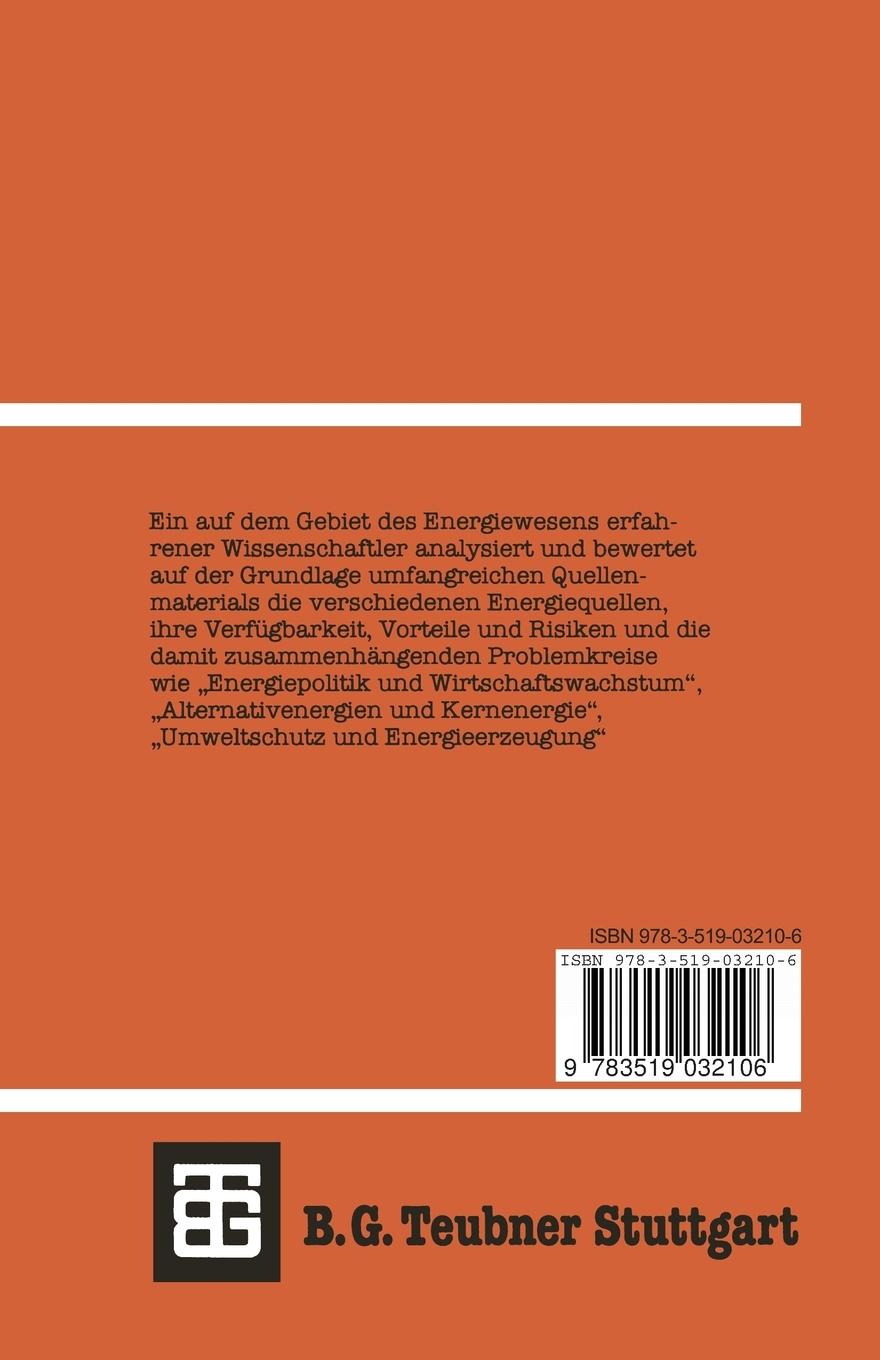 Rückseite: 9783519032106 | Energieversorgung Probleme und Ressourcen | Ferdinand Cap | Buch | vi