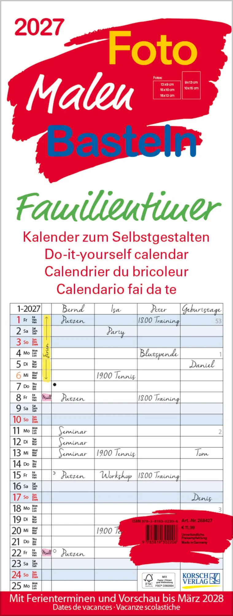 Cover: 9783819302206 | Foto-Malen-Basteln Familientimer 2027 | Verlag Korsch | Kalender