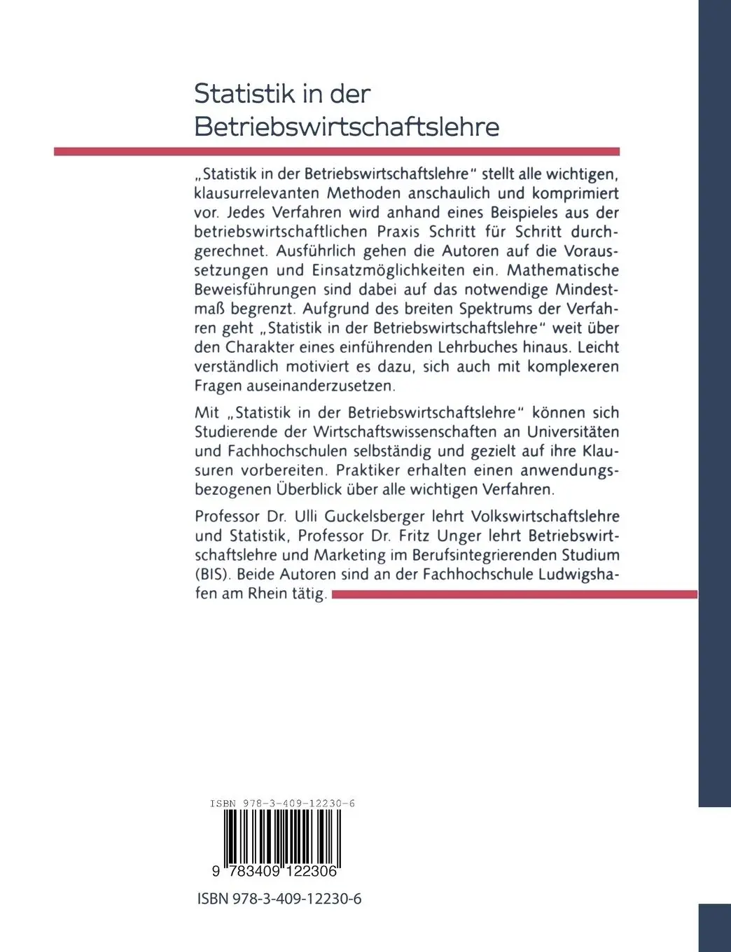 Rückseite: 9783409122306 | Statistik in der Betriebswirtschaftslehre | Fritz Unger (u. a.) | Buch