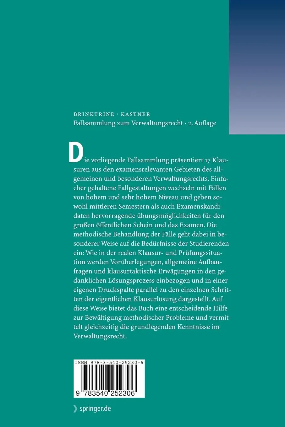 Rückseite: 9783540252306 | Fallsammlung zum Verwaltungsrecht | Ralf Brinktrine (u. a.) | Buch