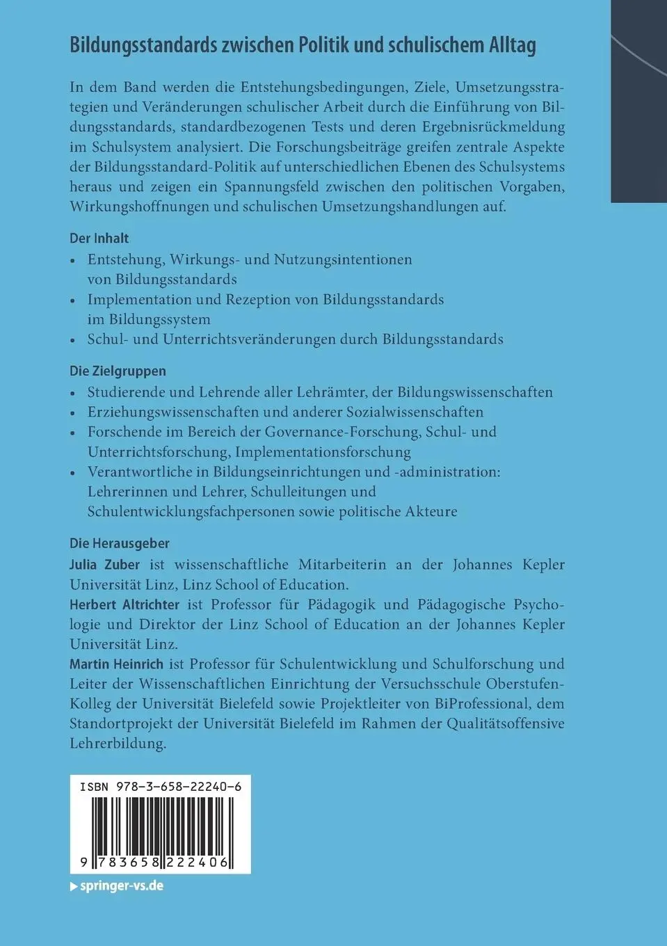 Rückseite: 9783658222406 | Bildungsstandards zwischen Politik und schulischem Alltag | Buch | xv