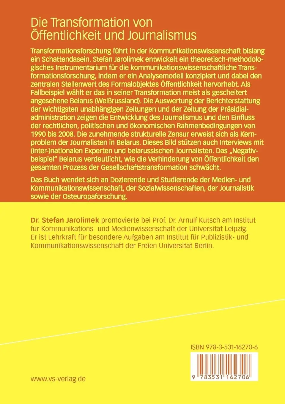 Rückseite: 9783531162706 | Die Transformation von Öffentlichkeit und Journalismus | Jarolimek