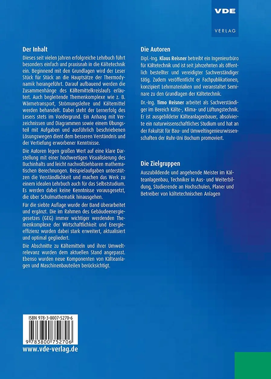 Rückseite: 9783800752706 | Fachwissen Kältetechnik | Klaus Reisner (u. a.) | Buch | 326 S. | 2022