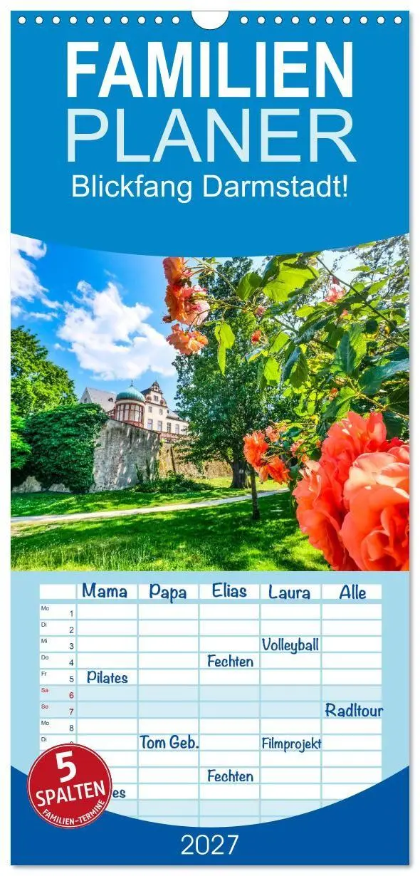 Familienplaner 2027 - Blickfang Darmstadt! mit 5 Spalten (Wandkalender, 21 x 45 cm) CALVENDO