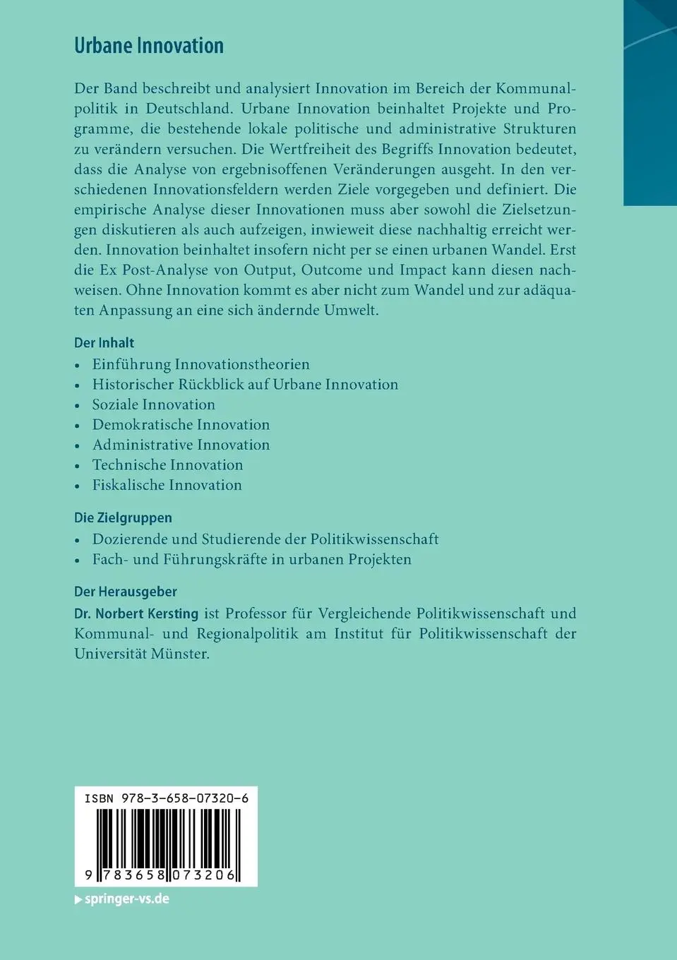 Rückseite: 9783658073206 | Urbane Innovation | Norbert Kersting | Taschenbuch | xi | Deutsch
