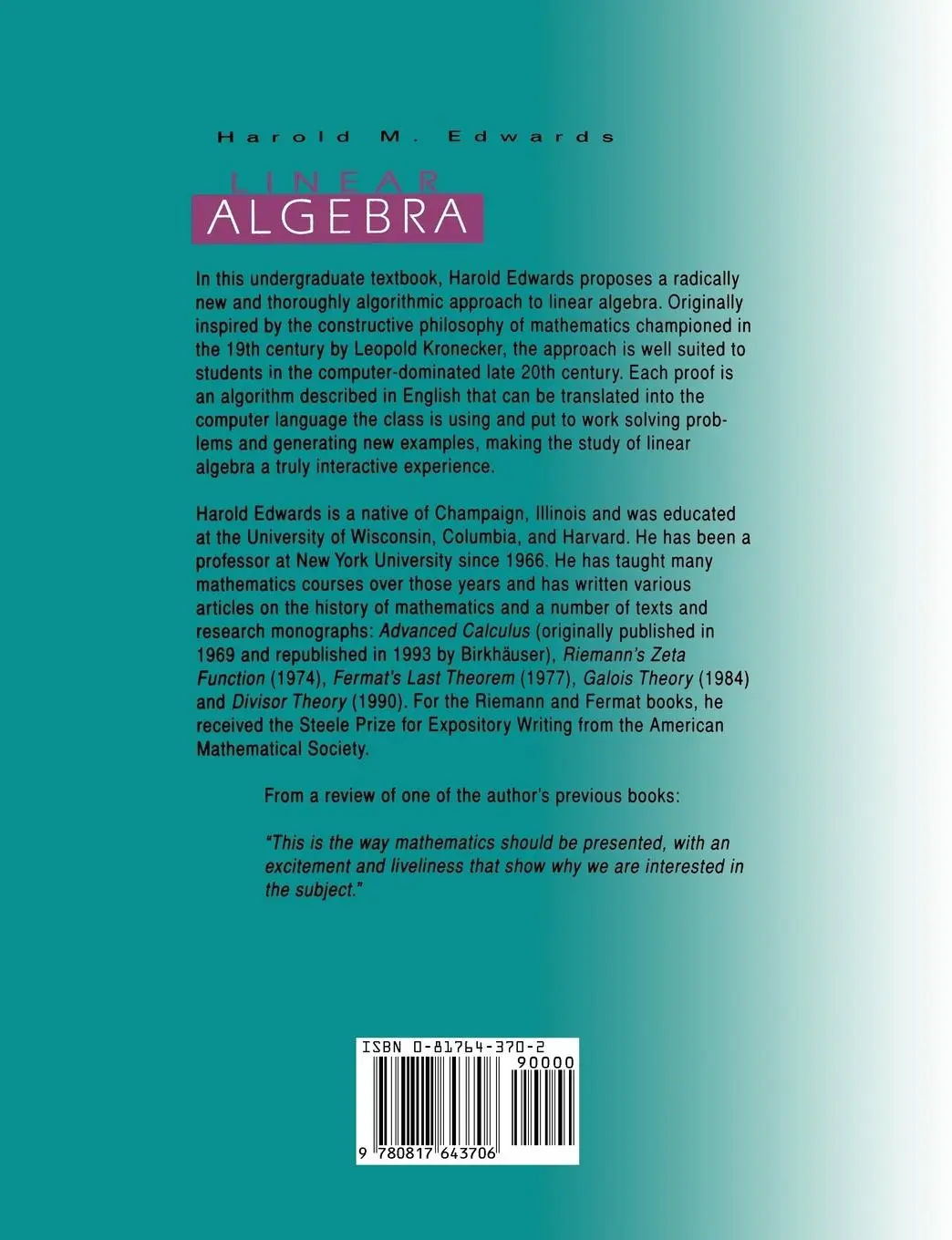 Rückseite: 9780817643706 | Linear Algebra | Harold M. Edwards | Taschenbuch | xiii | Englisch