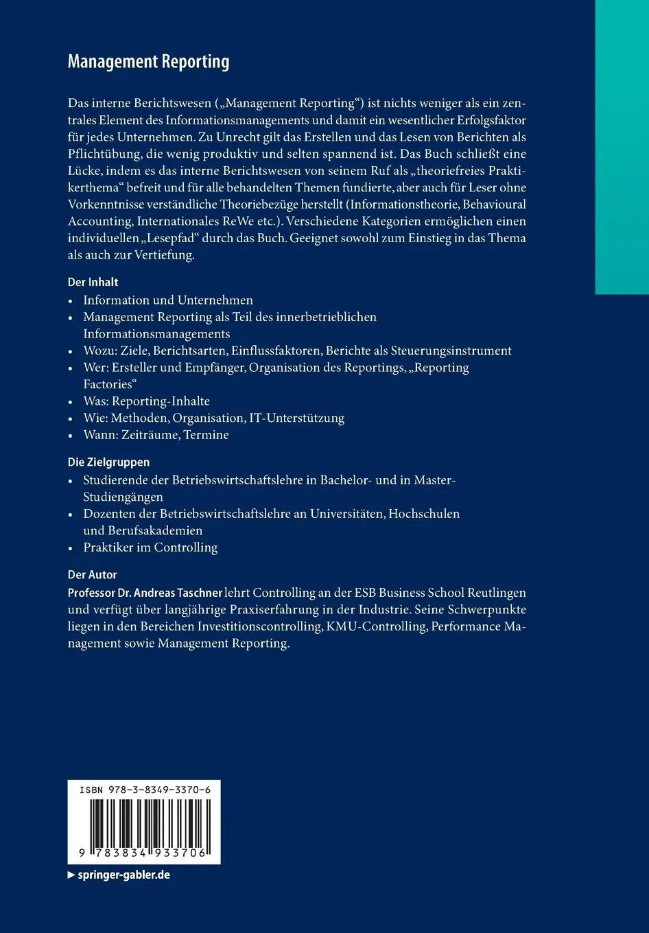 Rückseite: 9783834933706 | Management Reporting | Erfolgsfaktor internes Berichtswesen | Taschner