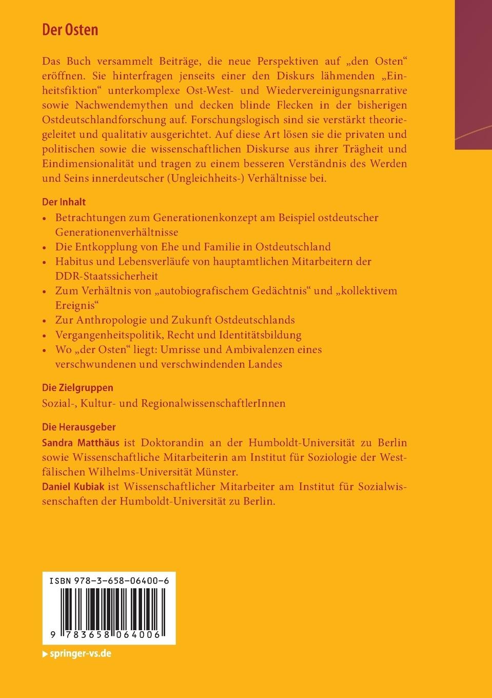 Rückseite: 9783658064006 | Der Osten | Daniel Kubiak (u. a.) | Taschenbuch | xi | Deutsch | 2015