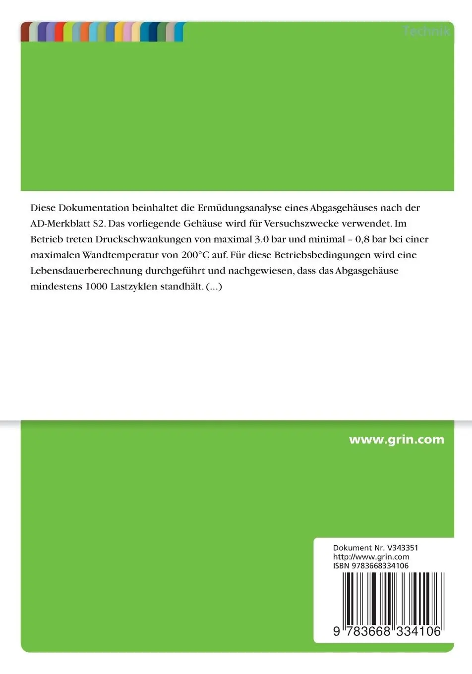 Rückseite: 9783668334106 | FEM-Lebensdauerberechnung für eine TÜV-Abnahme. Ermüdungsanalyse...