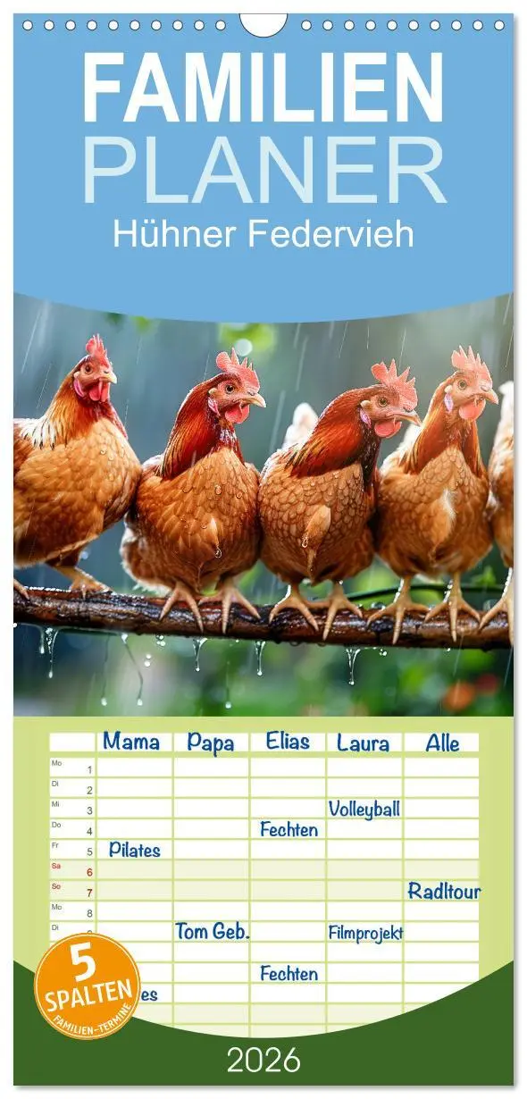 Cover: 9783516604306 | Familienplaner 2026 - Hühner Federvieh mit 5 Spalten (Wandkalender,...