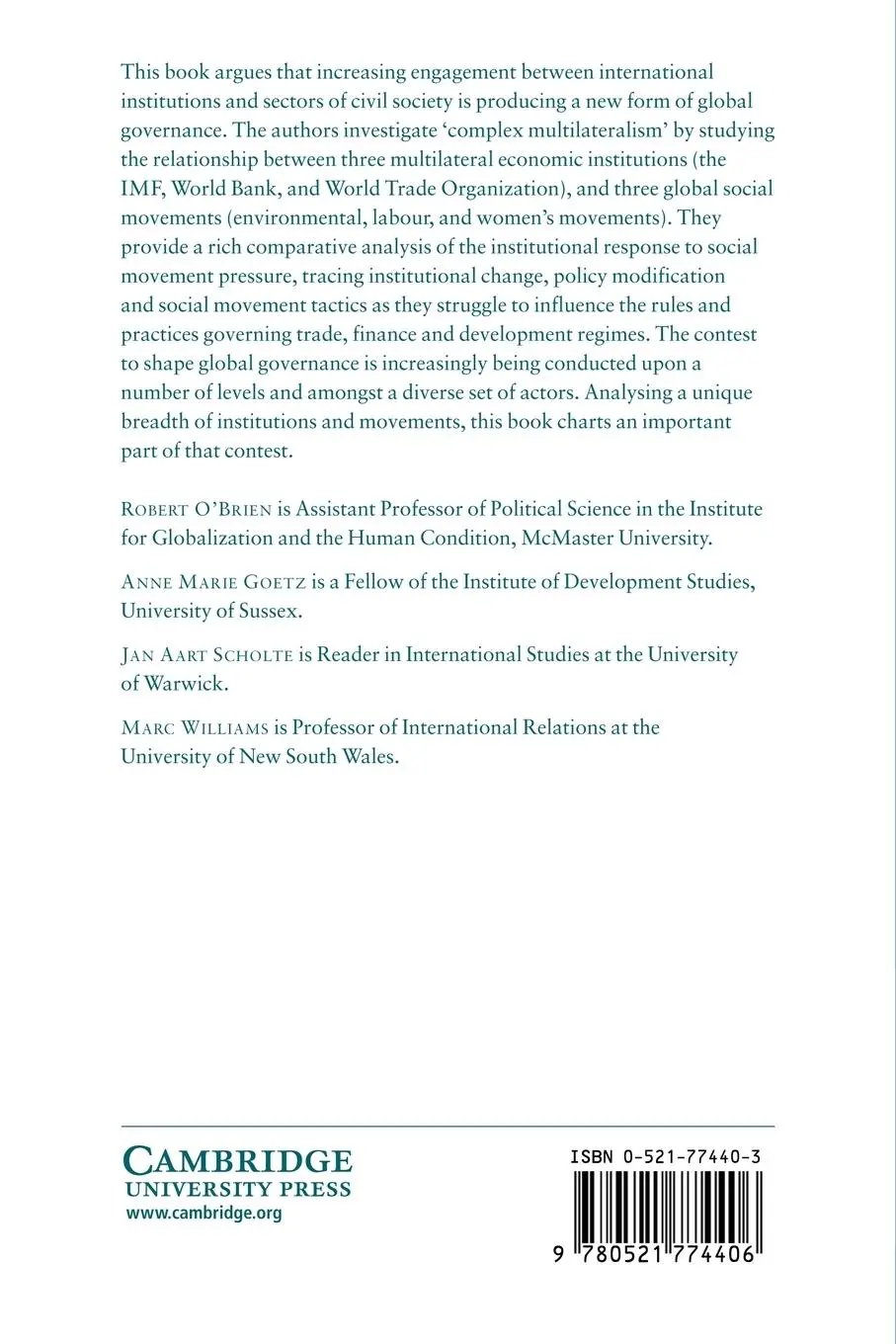 Rückseite: 9780521774406 | Contesting Global Governance | Robert O'Brien (u. a.) | Taschenbuch