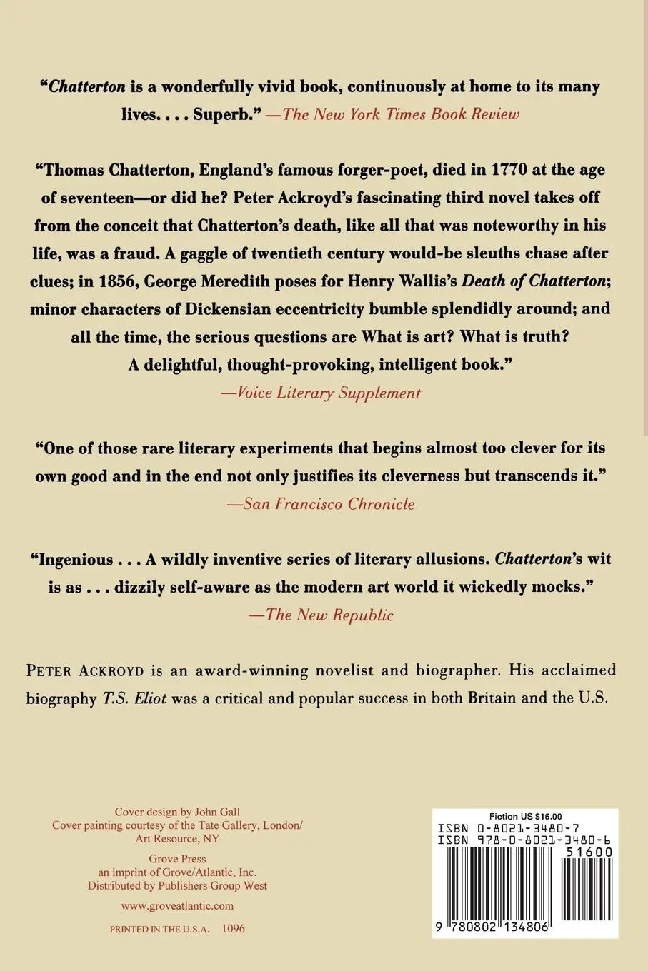 Rückseite: 9780802134806 | Chatterton | Peter Ackroyd | Taschenbuch | 234 S. | Englisch | 1996