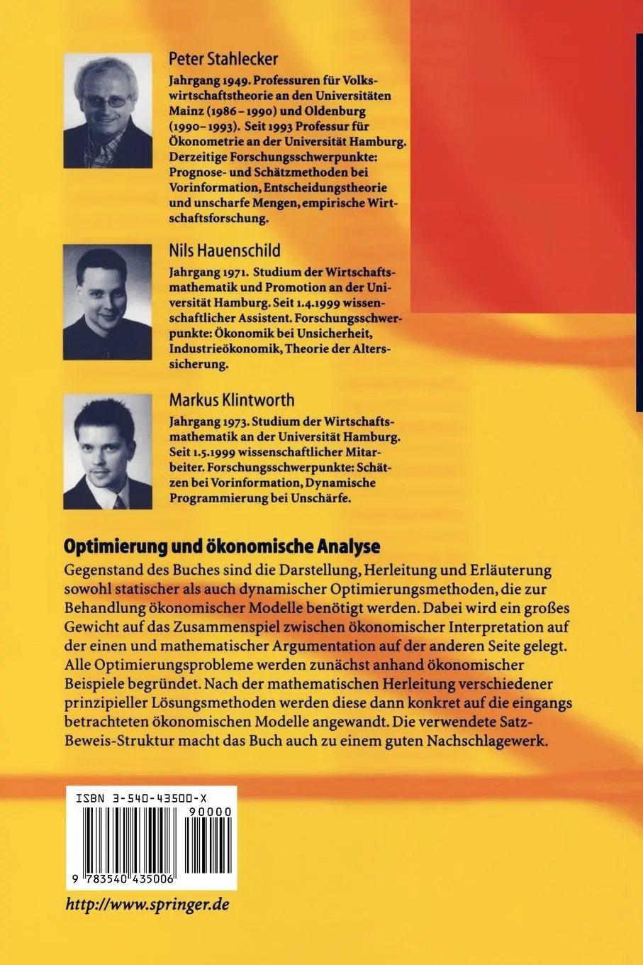 Rückseite: 9783540435006 | Optimierung und ökonomische Analyse | Peter Stahlecker (u. a.) | Buch