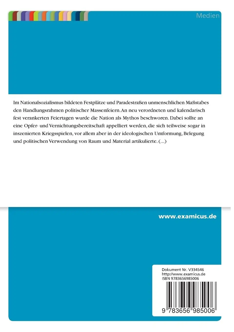 Rückseite: 9783656985006 | Ephemere Kulträume. Raum und Material nationalsozialistischer...